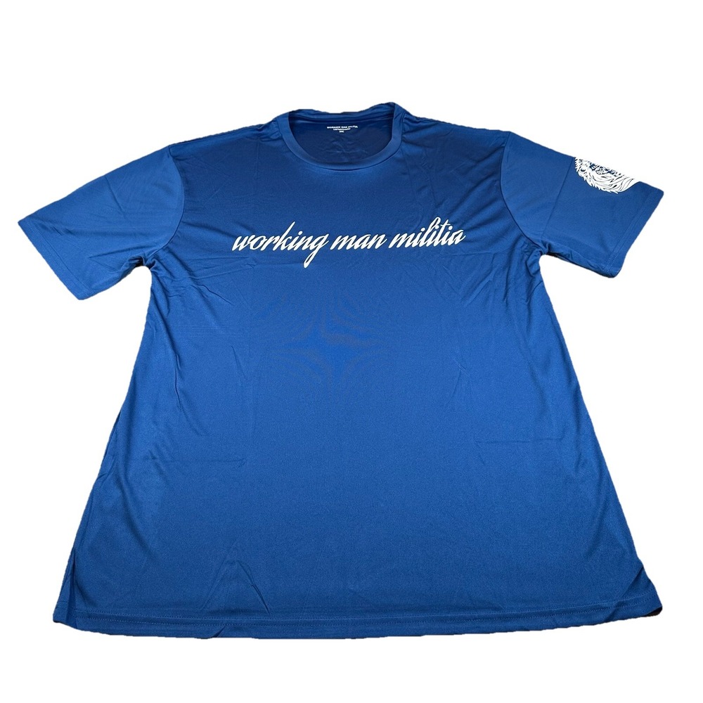 Working Man Militia T-shirt Mens 2XL Blue WMM Graphic Print Lion Short Sleeve
